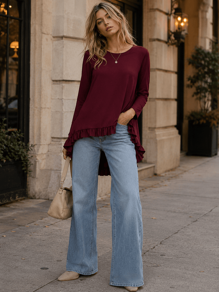 WOMEN'S 3/4 SLEEVES RUFFLE BOTTOM HEM TUNIC HIGH-LOW TOP