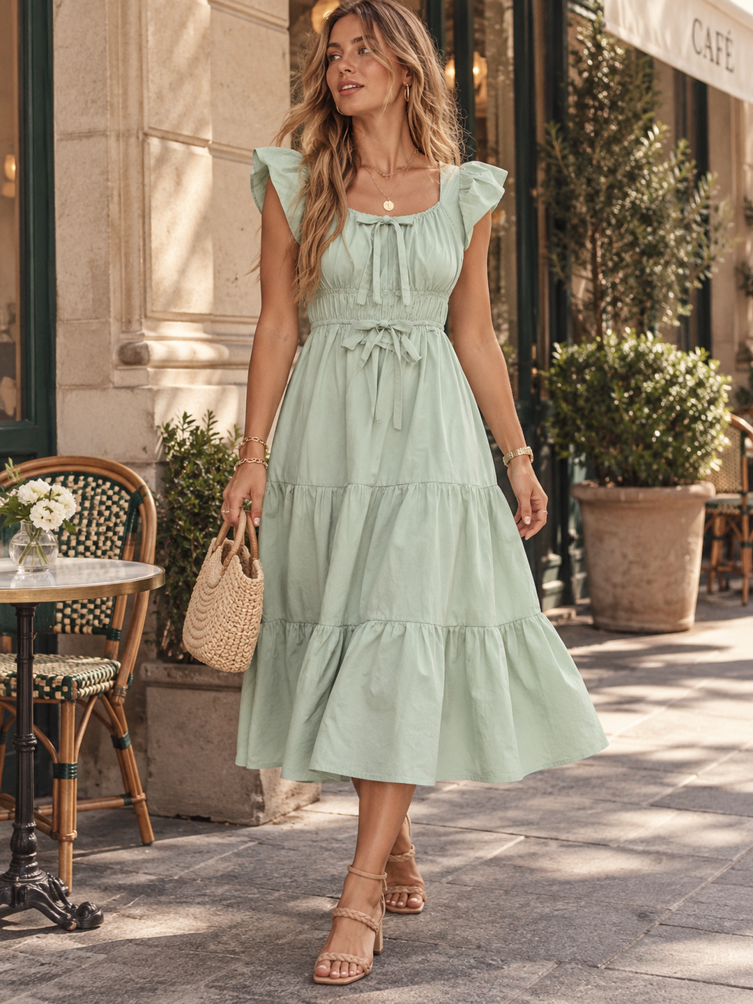 WOMEN'S RUFFLE SLEEVE ELASTIC WAIST TIERED MIDI DRESS