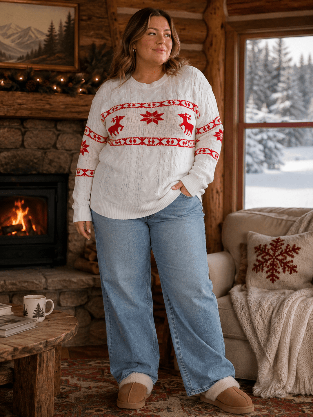 PLUS SIZE LONG SLEEVE KNIT HOLIDAY COLORBLOCK PULLOVER SWEATER