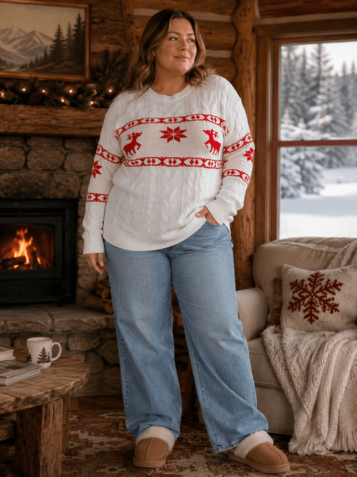PLUS SIZE LONG SLEEVE KNIT HOLIDAY COLORBLOCK PULLOVER SWEATER