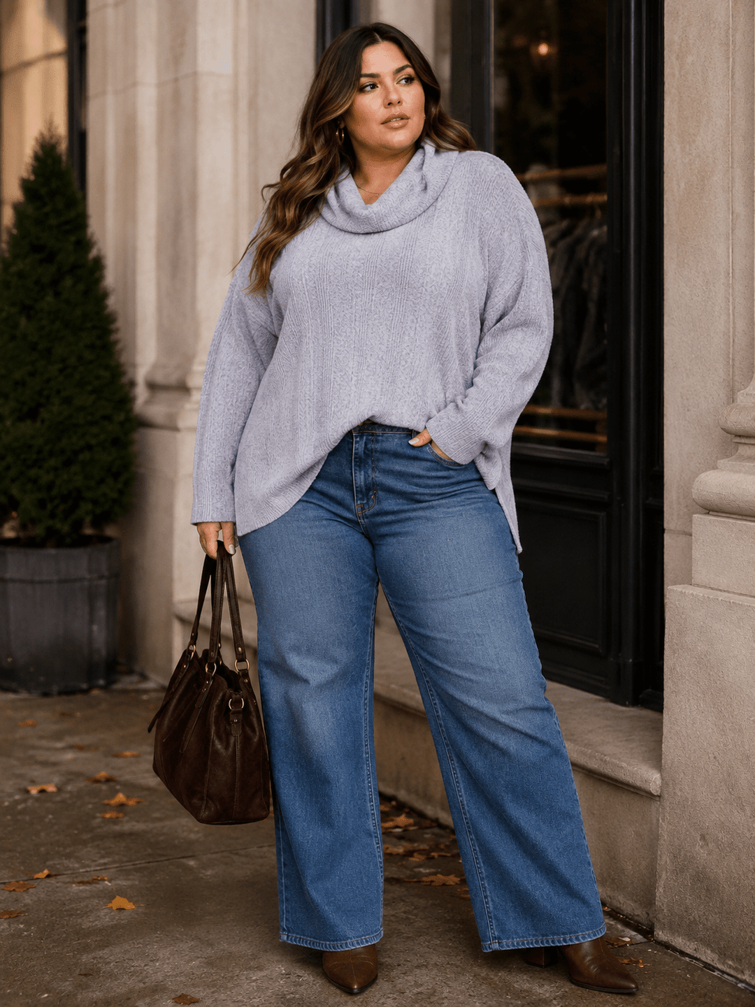 PLUS SIZE LONG SLEEVE TURTLE NECK HIGH LOW PULLOVER SWEATER