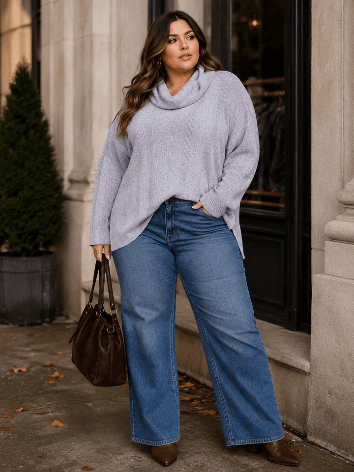 PLUS SIZE LONG SLEEVE TURTLE NECK HIGH LOW PULLOVER SWEATER