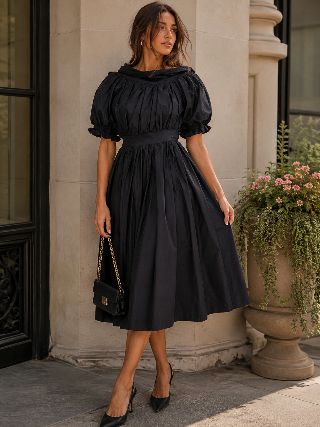 BEULAH WOMEN'S SHORT PUFF SLEEVE FIT & FLARE MIDI DRESS