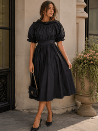 BEULAH WOMEN'S SHORT PUFF SLEEVE FIT & FLARE MIDI DRESS