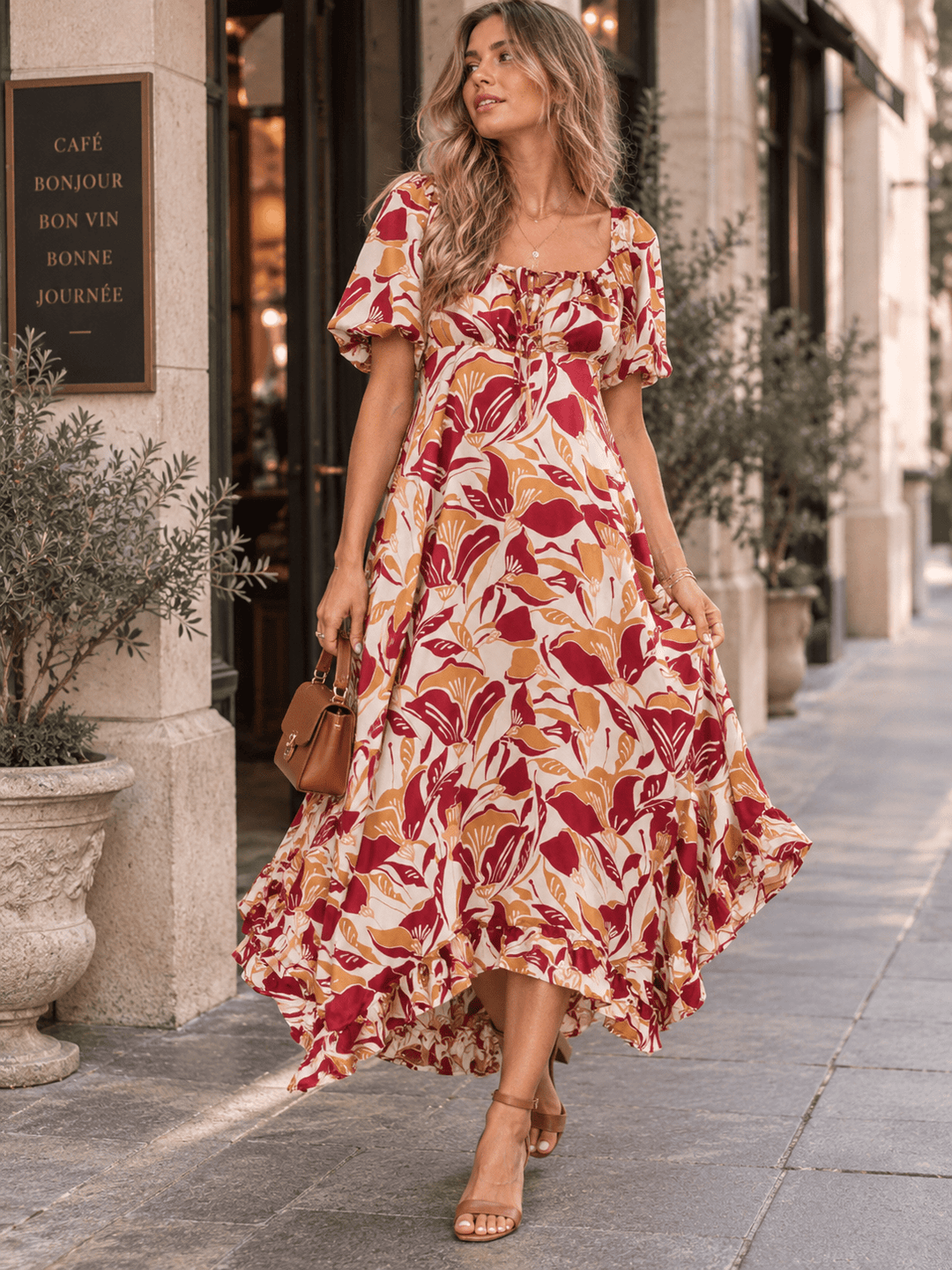 ENTRO WOMEN'S SHORT SLEEVE ELASTIC WAIST FLORAL PRINT MAXI DRESS