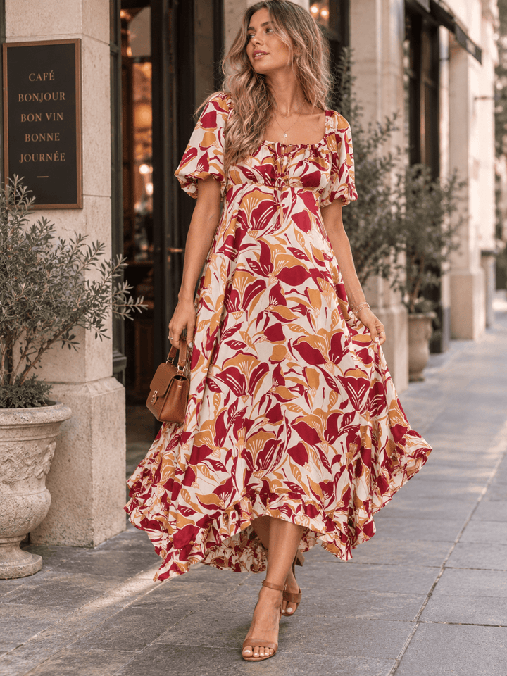 ENTRO WOMEN'S SHORT SLEEVE ELASTIC WAIST FLORAL PRINT MAXI DRESS