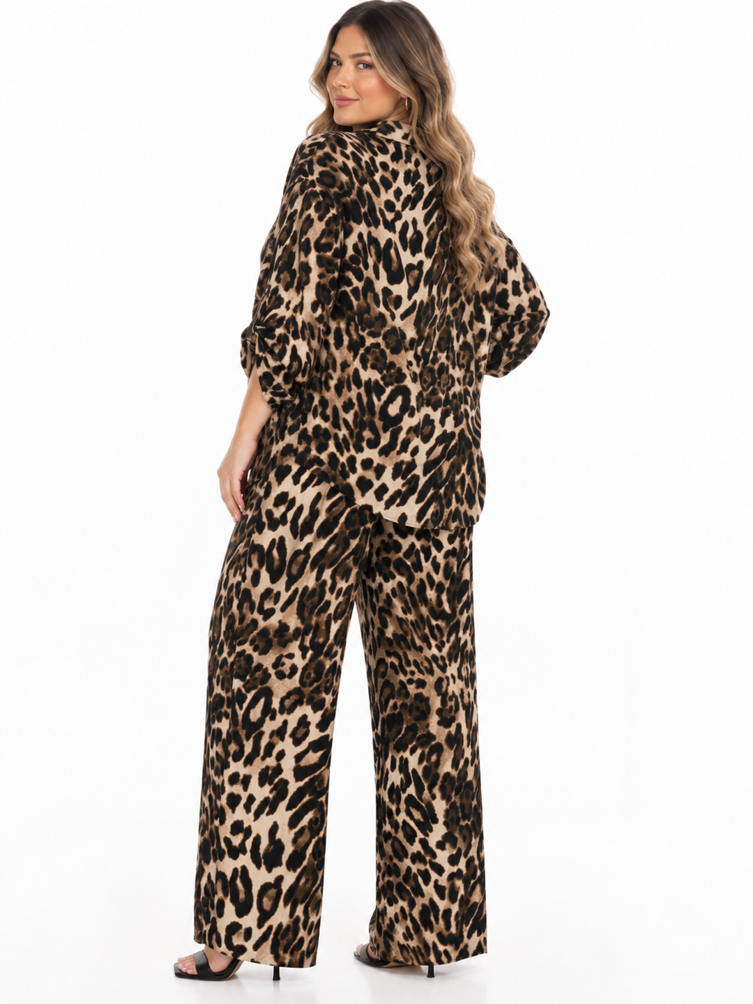 PLUS SIZE 3/4 SLEEVE BUTTON UP BLOUSE & ELASTIC WAIST WIDE LEG PANTS ANIMAL PRINT 2PC. SET