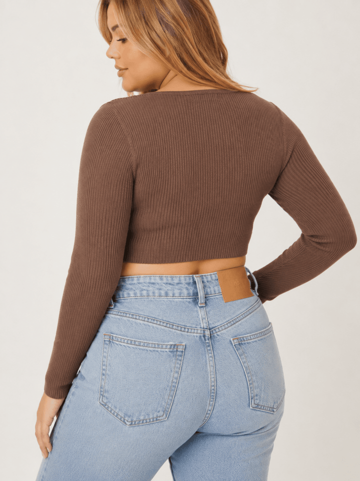 PLUS SIZE LONG SLEEVE BUTTON CLOSURE RIBBED CROP TOP