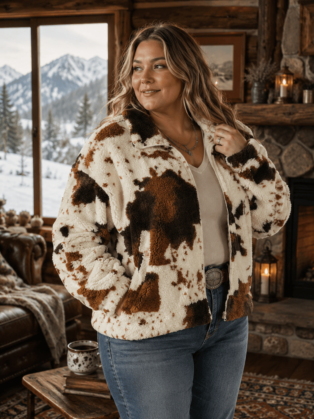 PLUS SIZE LONG SLEEVE ZIPPER CLOSURE FRONT POCKETS ANIMAL PRINT SHERPA JACKET