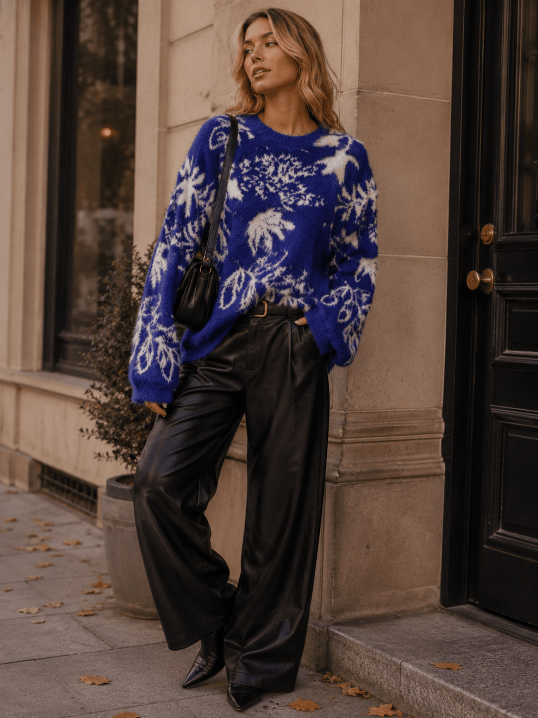 WOMEN'S LONG SLEEVE PULLOVER FUZZY PRINT SWEATER