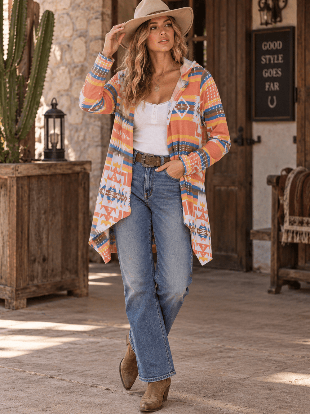 WOMEN'S LONG SLEEVE OPEN FRONT MULTI PRINT HOODED CARDIGAN