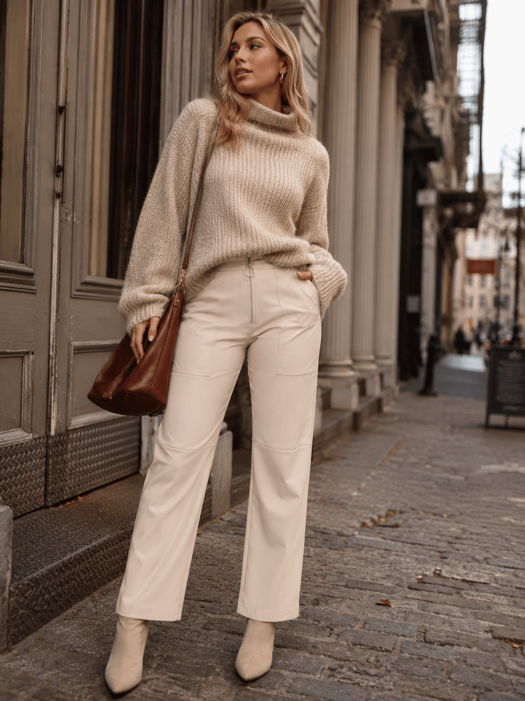 WOMEN'S BUTTON CLOSURE FRONT POCKETS WIDE LEG PU PLEATHER PANTS