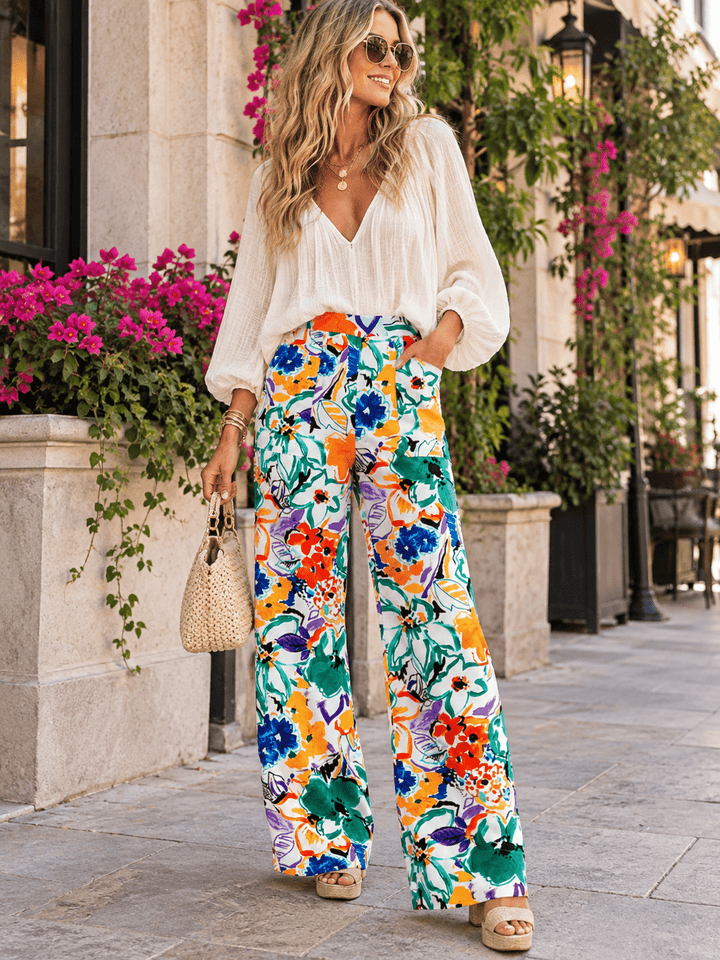 ENTRO WOMEN'S ELASTIC WAIST FRONT POCKETS FLORAL PRINT WIDE LEG PANTS