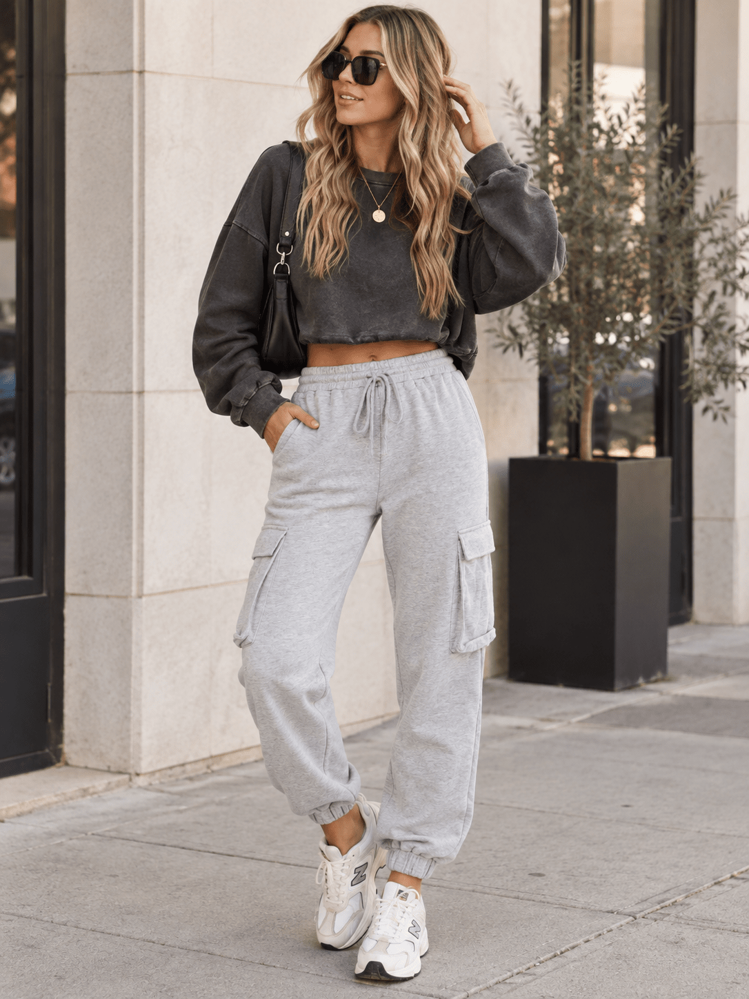 WOMEN'S ELASTIC WAIST SELF TIE CARGO POCKETS JOGGER PANTS