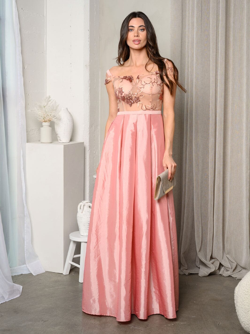 WOMEN'S SHORT SLEEVE EMBROIDERY MESH SATIN GOWN DRESS