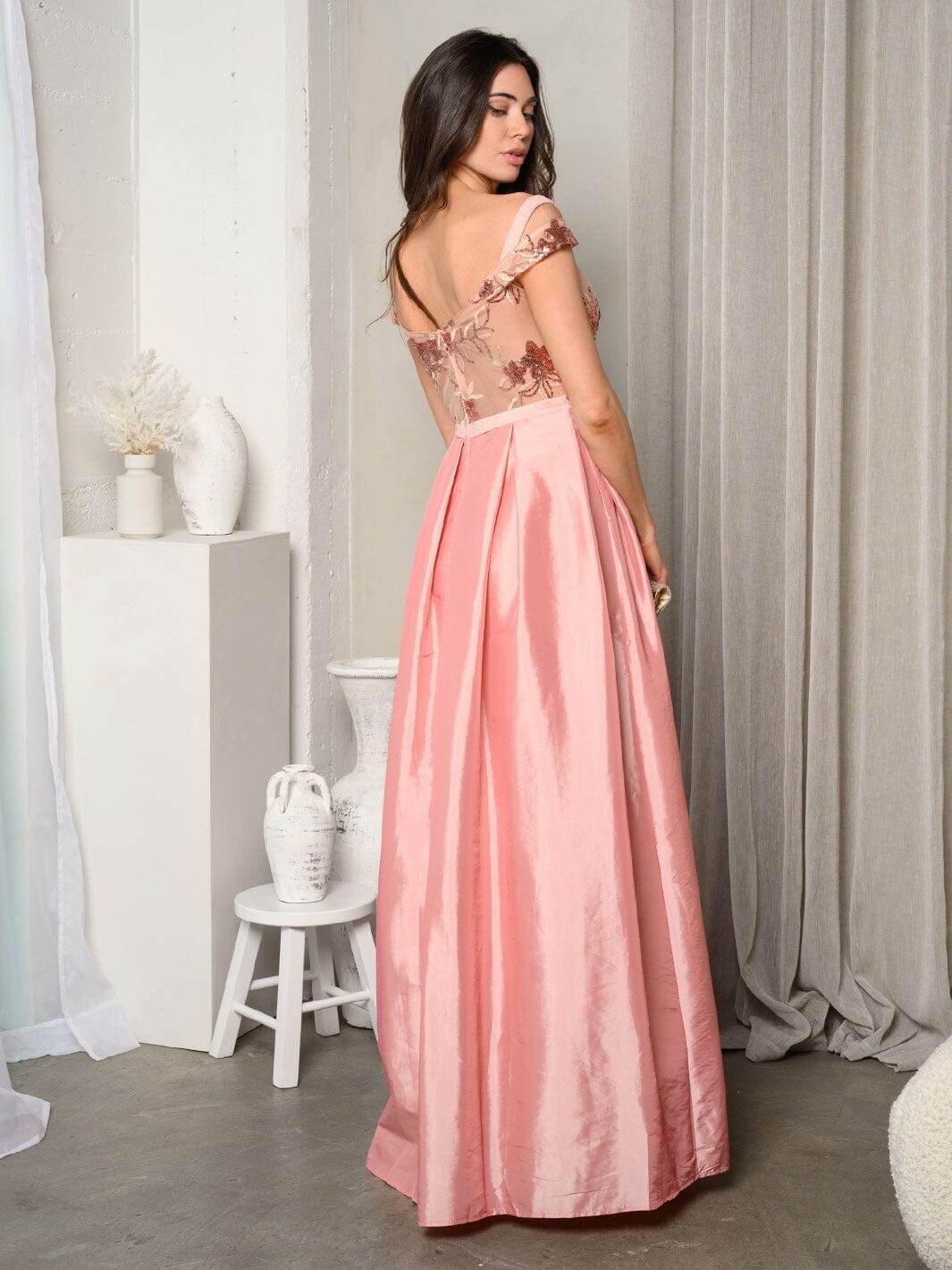 WOMEN'S SHORT SLEEVE EMBROIDERY MESH SATIN GOWN DRESS