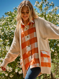 WOMEN'S LONG SLEEVE BUTTON CLOSURE FRONT POCKETS PLAID CONTRAST CARDIGAN