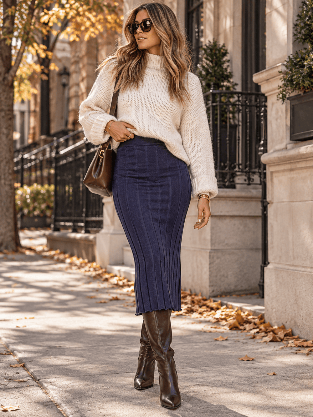 WOMEN'S ELASTIC WAIST RIBBED MIDI SKIRT