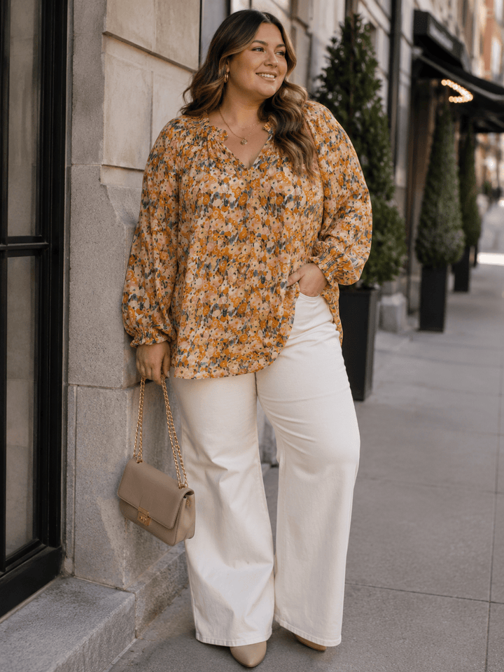 PLUS SIZE LONG SLEEVE V-NECK FLORAL PRINT BLOUSE