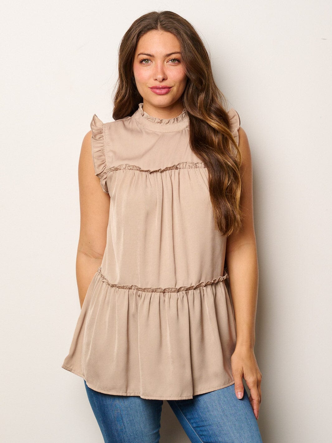 WOMEN'S SLEEVELESS RUFFLE TIERED MOCK NECK TUNIC TOP