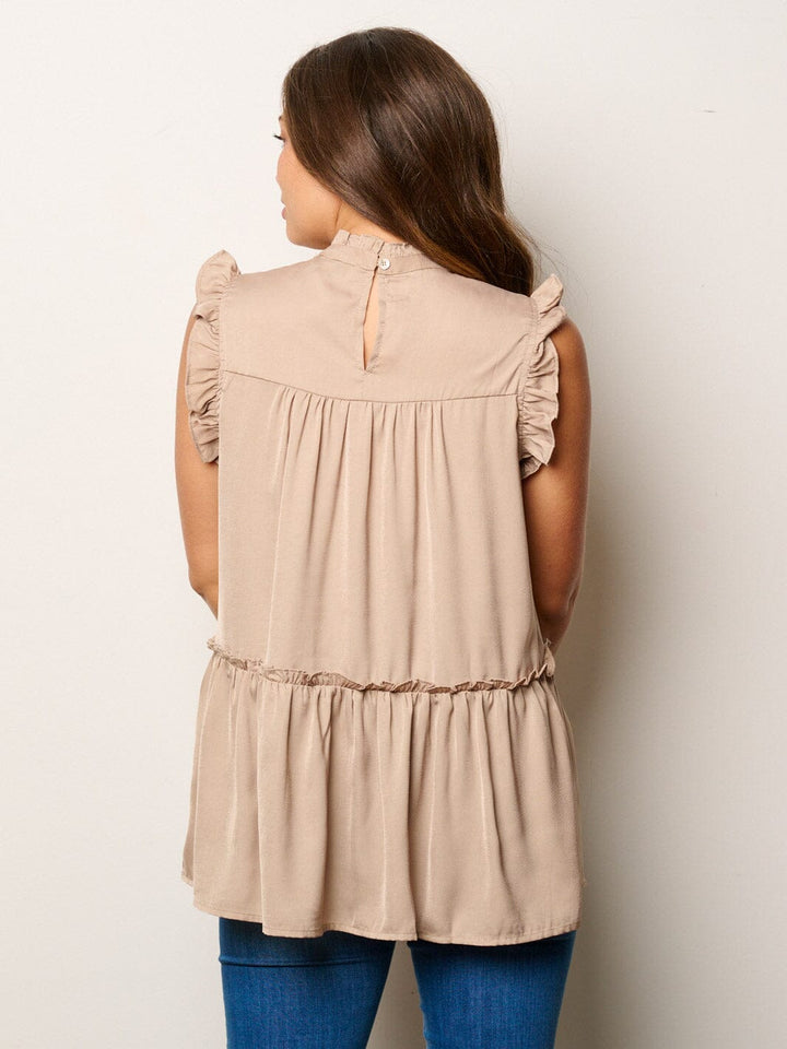 WOMEN'S SLEEVELESS RUFFLE TIERED MOCK NECK TUNIC TOP