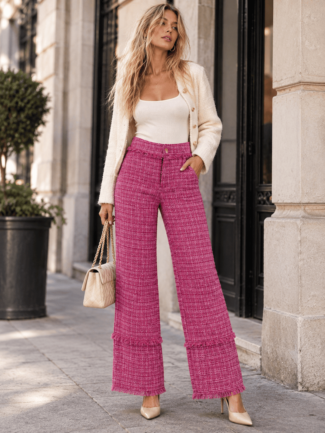 WOMEN'S BUTTON CLOSURE POCKETS WIDE LEG TWEED PANTS