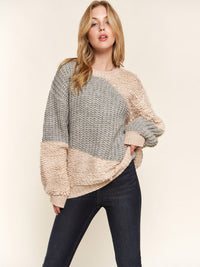 WOMEN'S LONG SLEEVE COLORBLOCK PULLOVER CONTRAST SWEATER