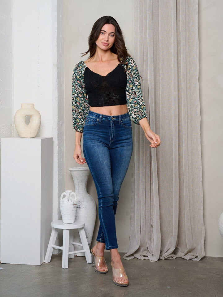 WOMEN'S 3/4 FLORAL SLEEVE CROCHET CROP TOP