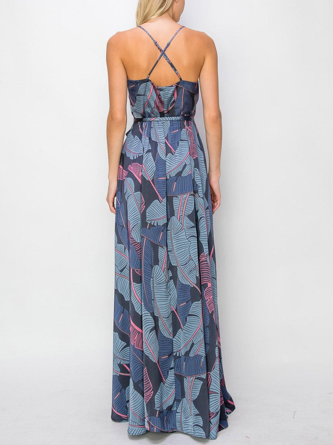 WOMEN'S SLEEVELESS LEAF PRINT WRAP MAXI DRESS