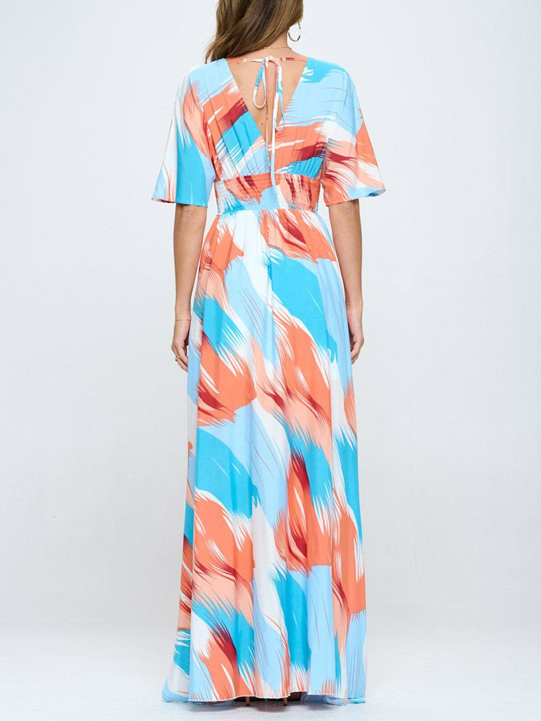 WOMEN'S SHORT SLEEVE SURPLICE SMOCK WAIST PRINTED MAXI DRESS