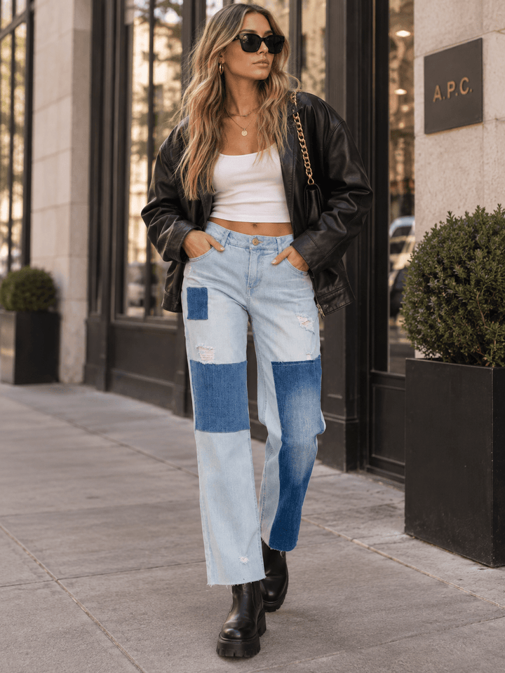 WOMEN'S BUTTON CLOSURE POCKETS STRAIGH LEG TWO TONE STRETCH DENIM PANTS