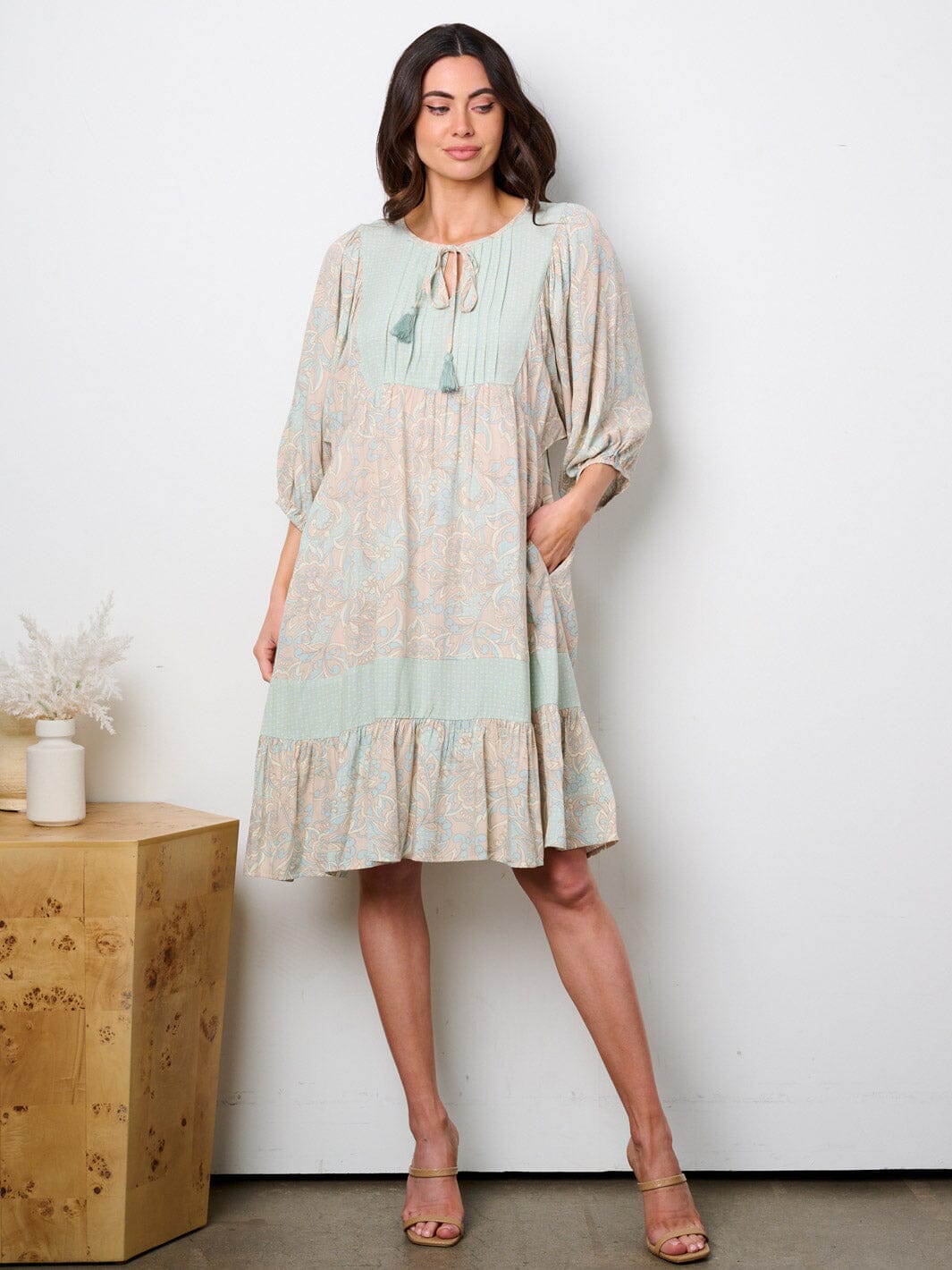 WOMEN'S 3/4 SLEEVE NECK TIE POCKETS TUNIC MULTI PRINT MIDI DRESS