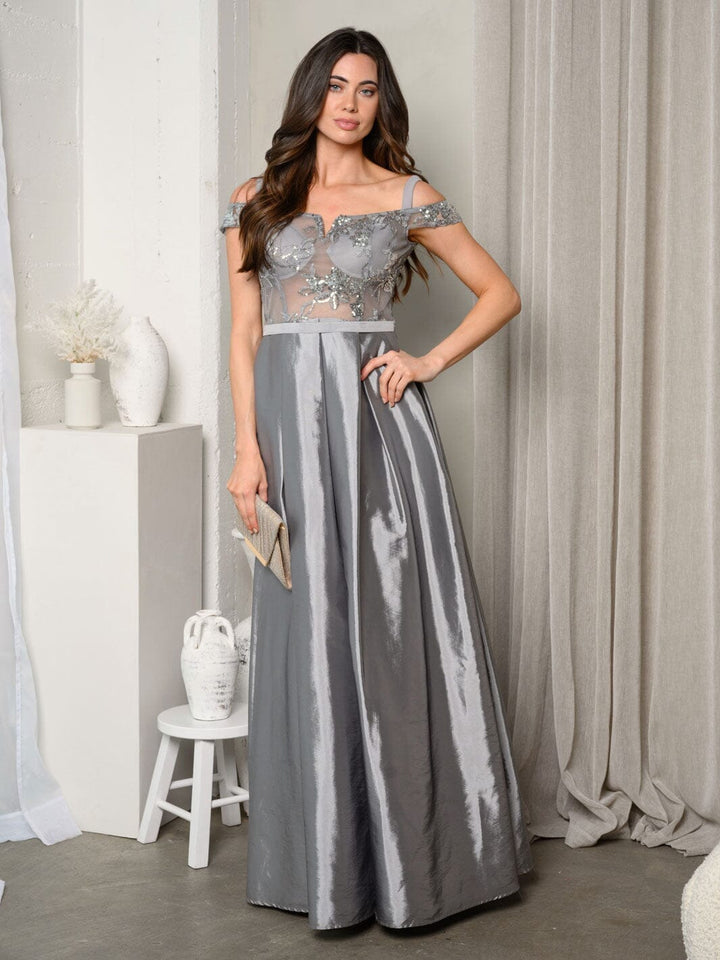 WOMEN'S SHORT SLEEVE EMBROIDERY MESH SATIN GOWN DRESS