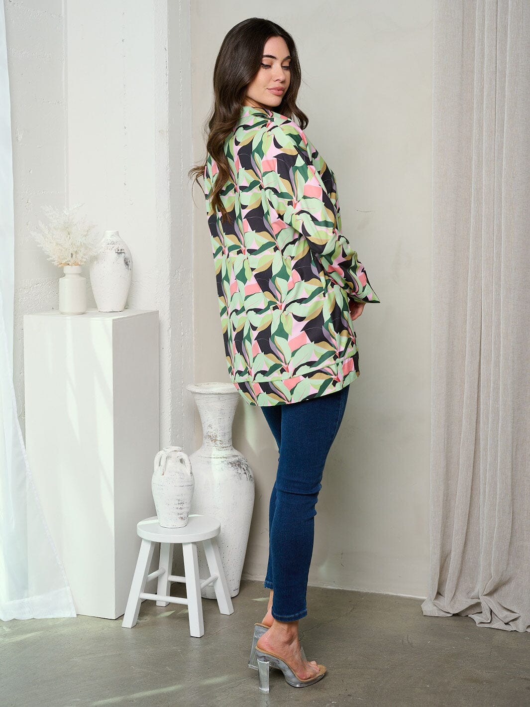 WOMEN'S LONG SLEEVE COLORBLOCK MULTI PRINT TUNIC TOP