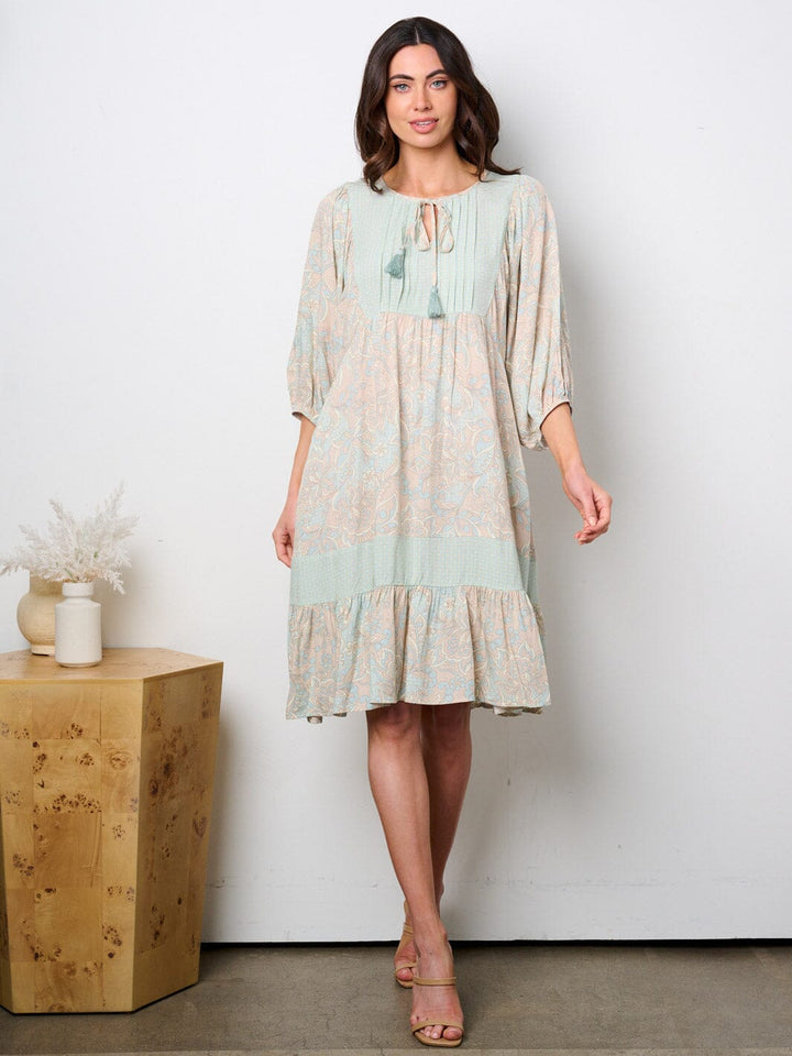 WOMEN'S 3/4 SLEEVE NECK TIE POCKETS TUNIC MULTI PRINT MIDI DRESS