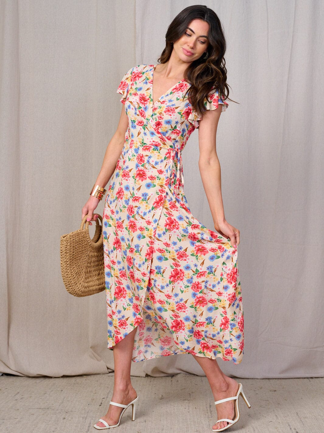 WOMEN'S SHORT SLEEVES SELF TIE HIGH-LOW FLORAL WRAP MAXI DRESS