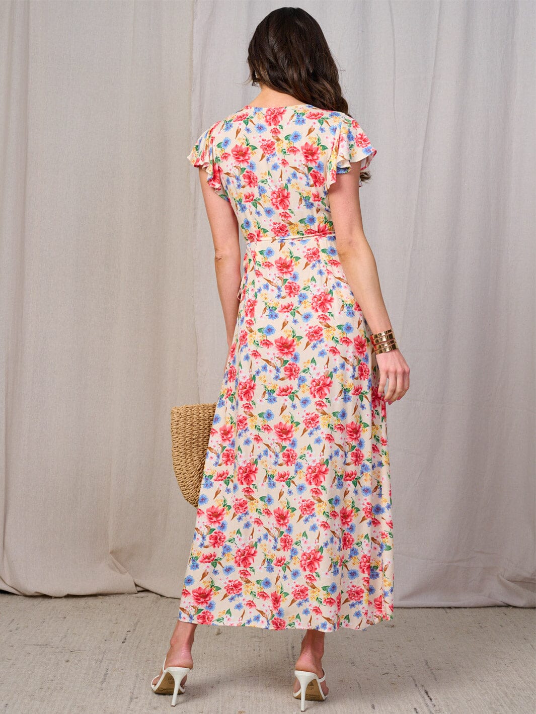 WOMEN'S SHORT SLEEVES SELF TIE HIGH-LOW FLORAL WRAP MAXI DRESS