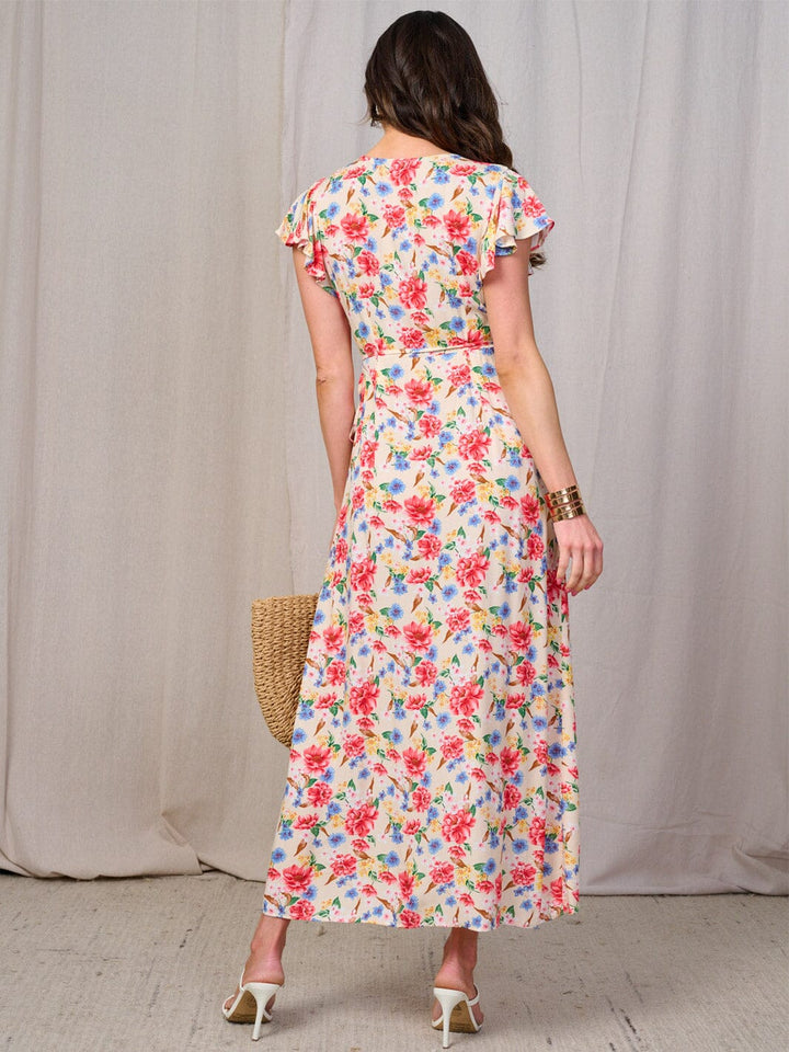WOMEN'S SHORT SLEEVES SELF TIE HIGH-LOW FLORAL WRAP MAXI DRESS