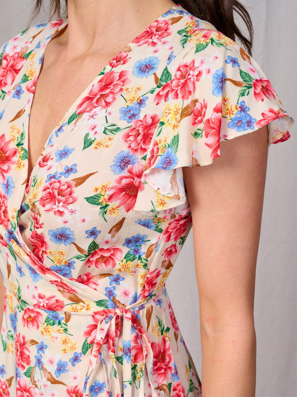 WOMEN'S SHORT SLEEVES SELF TIE HIGH-LOW FLORAL WRAP MAXI DRESS