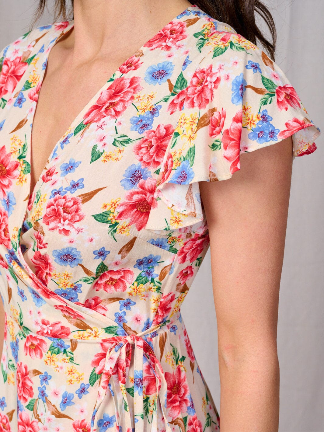 WOMEN'S SHORT SLEEVES SELF TIE HIGH-LOW FLORAL WRAP MAXI DRESS