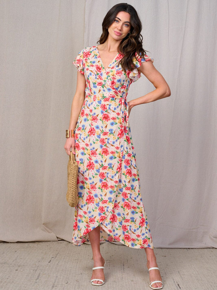 WOMEN'S SHORT SLEEVES SELF TIE HIGH-LOW FLORAL WRAP MAXI DRESS