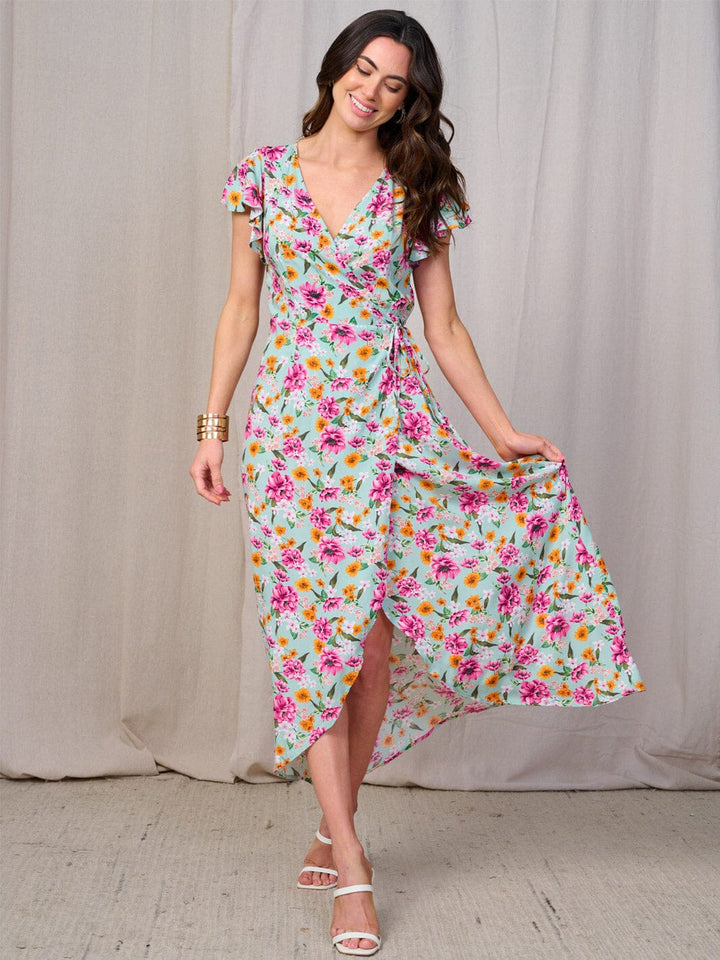 WOMEN'S SHORT SLEEVES SELF TIE HIGH-LOW FLORAL WRAP MAXI DRESS