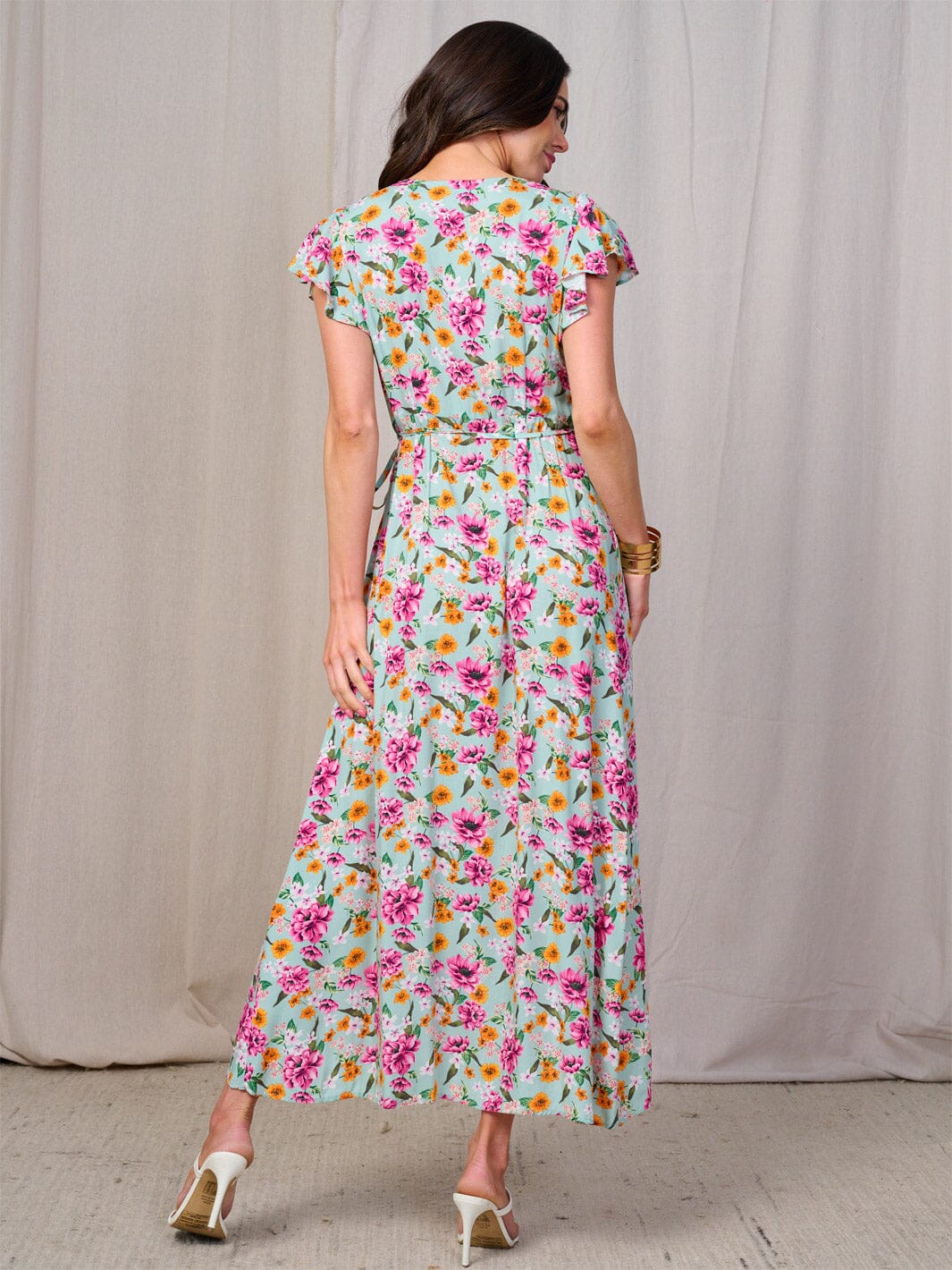 WOMEN'S SHORT SLEEVES SELF TIE HIGH-LOW FLORAL WRAP MAXI DRESS