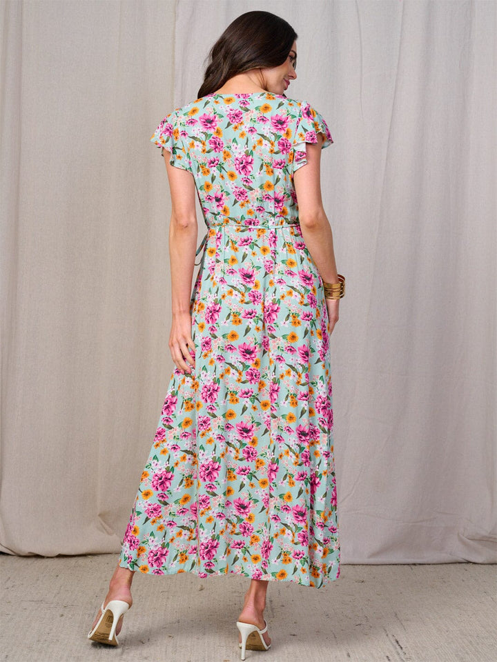 WOMEN'S SHORT SLEEVES SELF TIE HIGH-LOW FLORAL WRAP MAXI DRESS