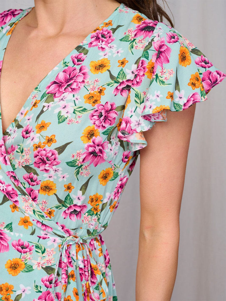 WOMEN'S SHORT SLEEVES SELF TIE HIGH-LOW FLORAL WRAP MAXI DRESS