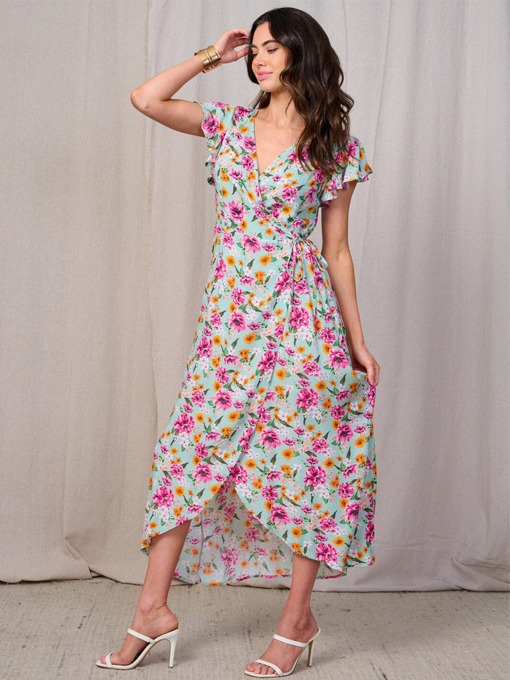 WOMEN'S SHORT SLEEVES SELF TIE HIGH-LOW FLORAL WRAP MAXI DRESS