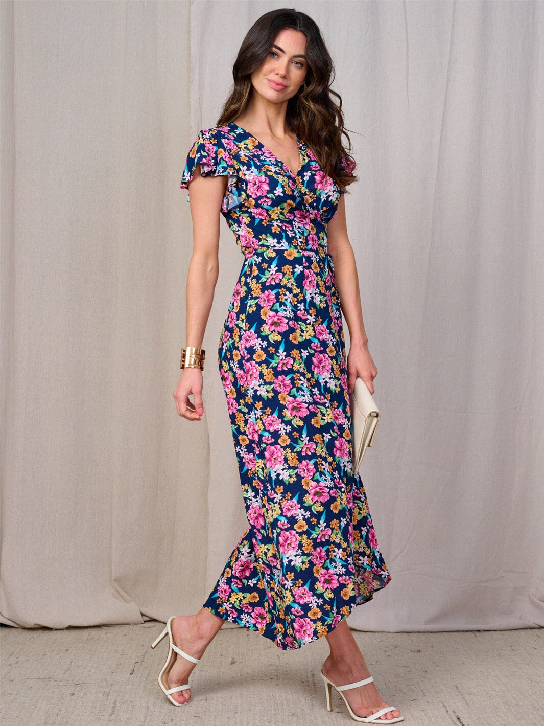 WOMEN'S SHORT SLEEVES SELF TIE HIGH-LOW FLORAL WRAP MAXI DRESS