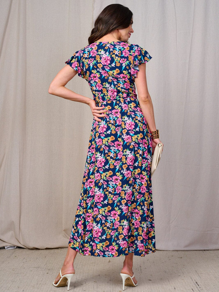 WOMEN'S SHORT SLEEVES SELF TIE HIGH-LOW FLORAL WRAP MAXI DRESS