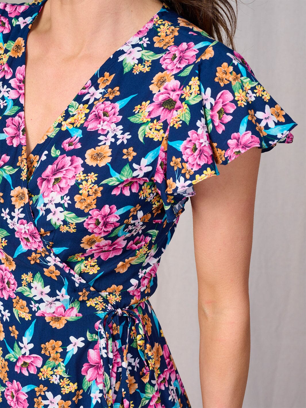 WOMEN'S SHORT SLEEVES SELF TIE HIGH-LOW FLORAL WRAP MAXI DRESS