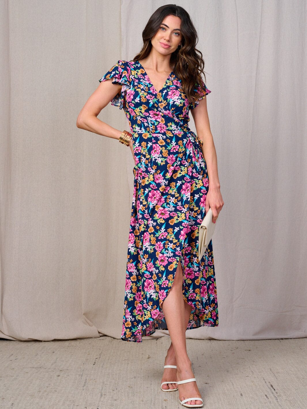 WOMEN'S SHORT SLEEVES SELF TIE HIGH-LOW FLORAL WRAP MAXI DRESS